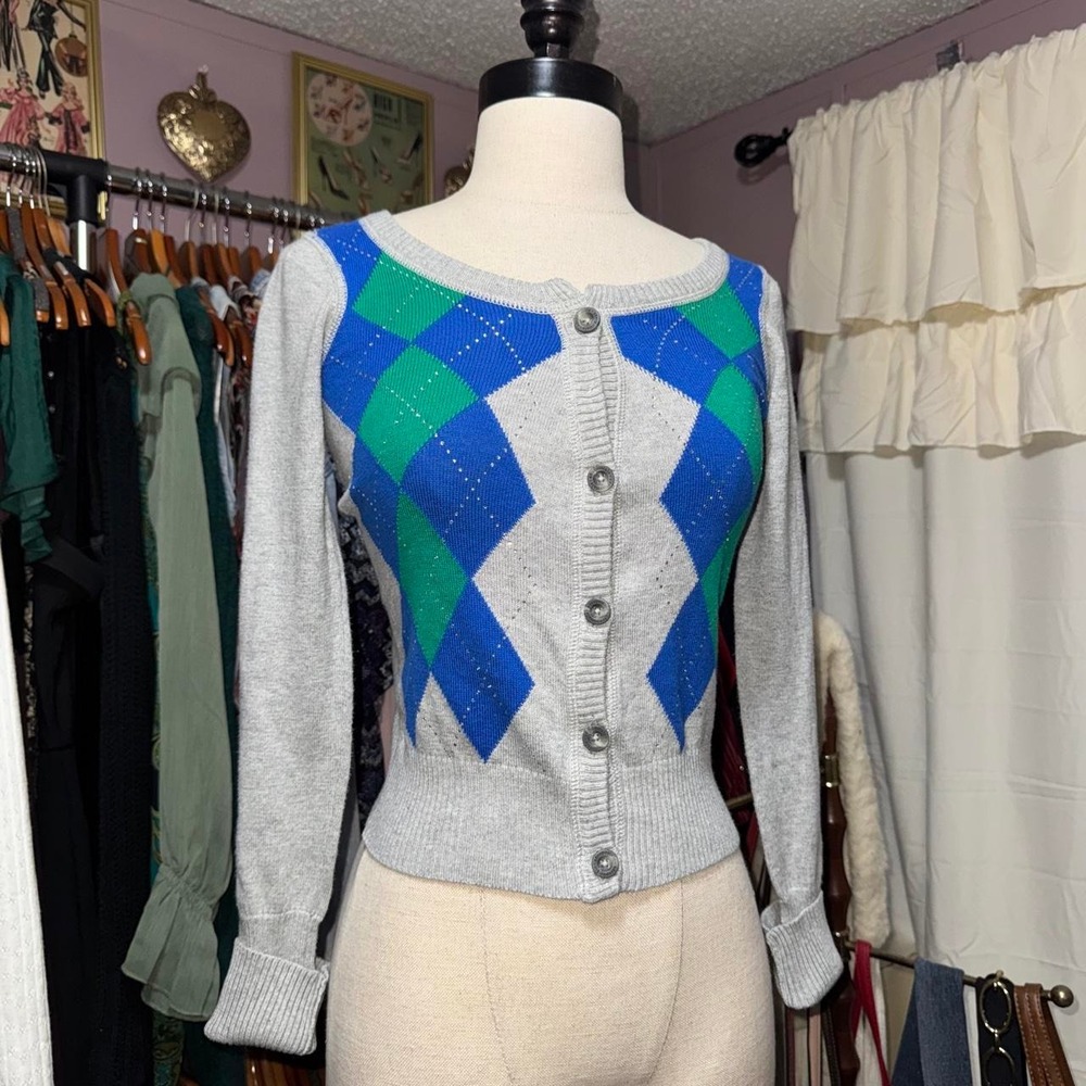 Aeropostale Womens Argyle Cardigan Sweater Gray Blue Green XS Preppy Scoop Neck